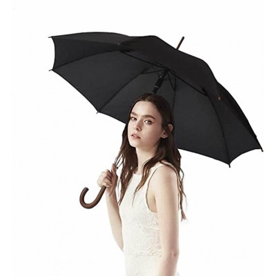 Stick Umbrella Automatic Open Curved Wooden Hook Handle Rain Black Umbrellas with Classic J Handle 48" Arc Classic Windproof for