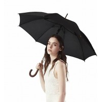 Stick Umbrella Automatic Open Curved Wooden Hook Handle Rain Black Umbrellas with Classic J Handle 48" Arc Classic Windproof for