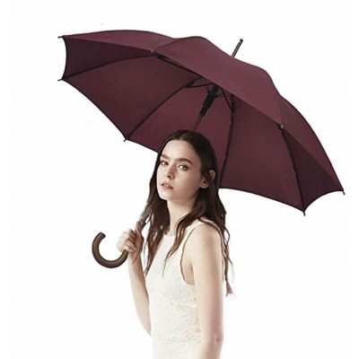 Stick Umbrella Automatic Open Curved Wooden Hook Handle Burgundy Umbrellas with Classic J Handle 48" Arc Classic Windproof for