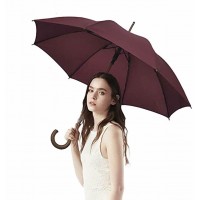 Stick Umbrella Automatic Open Curved Wooden Hook Handle Burgundy Umbrellas with Classic J Handle 48" Arc Classic Windproof for